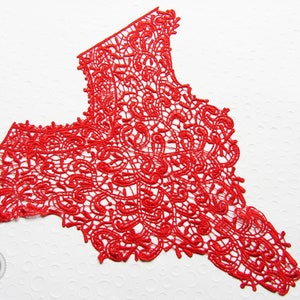 Könnte beinhalten: Rote Spitzenborte mit einem zarten Blumenmuster. Die Spitze ist filigran und detailliert, mit einem gewellten Rand.