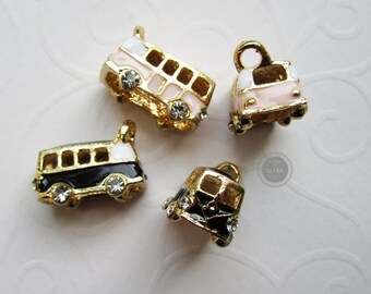 1 3D-Anhänger VW-Bus,  ca. 1,8 cm, goldfarben mit Emaille in rosa oder schwarz + Strasssteinen