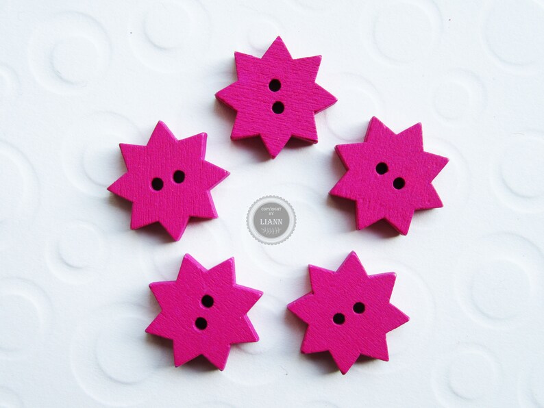 5 kleine Holzknöpfe Sterne ca. 20 mm, dunkelpink / fuchsia Bild 1