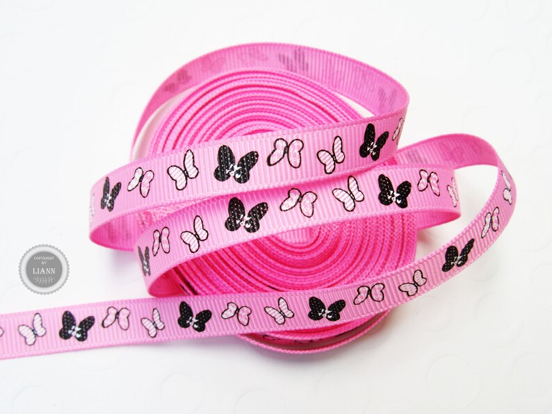 1 Euro/Meter: 1 m Ripsband mit Schmetterlinge, 1 cm breit, pink, weiß-grün-lila oder marine-pink Rosa