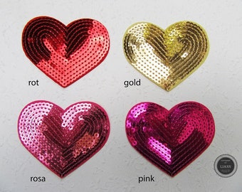 1 Applikation Herz mit Pailletten, Farbwahl rot, gold, rosa oder pink