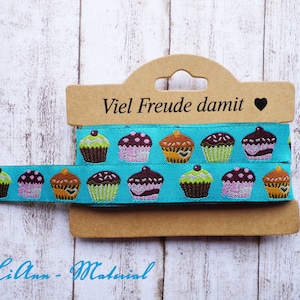 1,50 Euro/Meter: 2,15 m  Webband Muffins, türkis-bunt, 1,5 cm breit