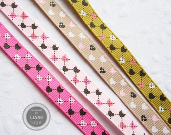 1 Euro/Meter: 1 m Ripsband mit Herzen und Karos, 1 cm breit, Farbwahl pink, rosa, beige oder ocker