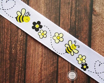 1,50 Euro/Meter: 1 m Ripsband, 2,5 cm, Bienen und Blüten auf weiß