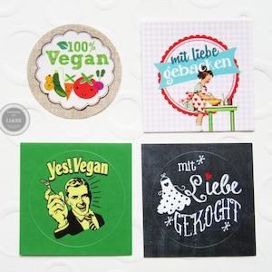 10 Aufkleber "100 % Vegan" "Yes Vegan" "Mit Liebe gekocht" "Mit Liebe gebacken"