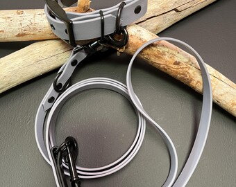 May include: A light gray collar and matching leash set made of a smooth, flexible material. The collar features a black buckle and hardware, while the leash includes a black metal swivel clip and a D-ring for secure attachment and handling.