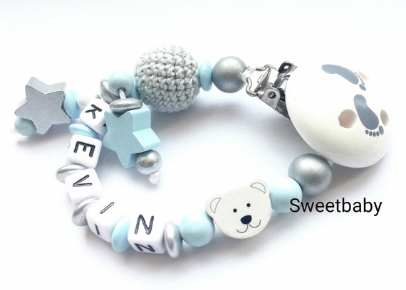 Schnullerkette mit Namen • Motiv TEDDY Bär • Baby Junge Geschenk • grau blau