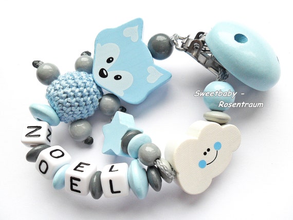 Schnullerkette mit Namen★ Motiv Fuchs ★ Hellblau Grau ★Junge ★ Babygeschenk