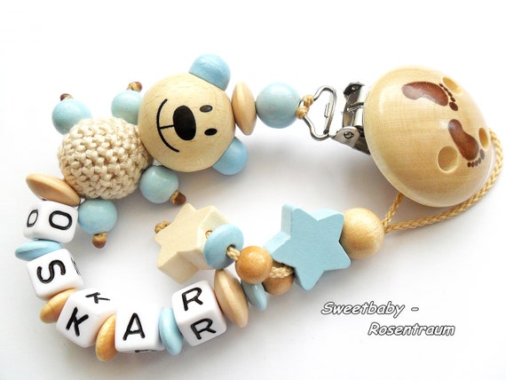 Schnullerkette mit Namen ★ Teddy Bär ★ Natur Holz Junge Blau Baby Geschenk