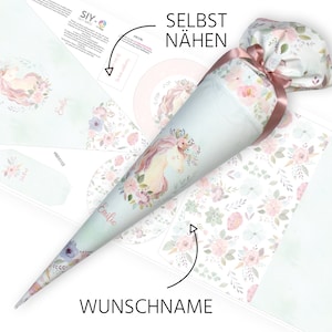 Schultüte zum Selbernähen Schnittmuster auf Stoff Einhorn Lovely Unicorn Wunschname Rohling 70 cm / 85 cm Bild 1