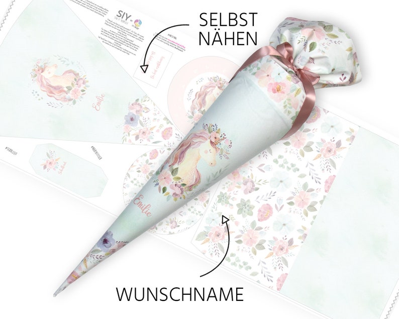 Schultüte zum Selbernähen Schnittmuster auf Stoff Einhorn Lovely Unicorn Wunschname Rohling 70 cm / 85 cm Bild 1