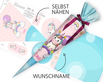 Schultüte zum Selbernähen | Schnittmuster auf Stoff | Buntes Einhorn | Wunschname + Rohling | 70 cm / 85 cm