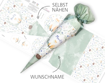 Schultüte zum Selbernähen | Schnittmuster auf Stoff | Fuchs | Wiesenfreunde grün  | Wunschname + Rohling | 70 cm / 85 cm