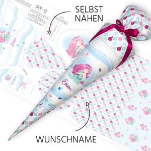 Schultüte zum Selbernähen Schnittmuster auf Stoff Meerjungfrau Meeresrauschen Wunschname Rohling 70 cm / 85 cm image 1