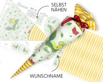 Schultüte zum Selbernähen | Schnittmuster auf Stoff | Lesen | Bücherwurm | Wunschname + Rohling | 70 cm / 85 cm