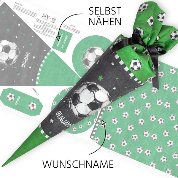 Schultüte zum Selbernähen | Schnittmuster auf Stoff | Sport | Fußball | Wunschname + Rohling | 70 cm / 85 cm