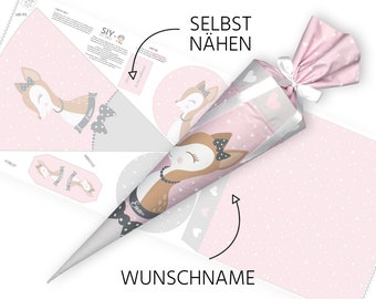 Schultüte zum Selbernähen | Schnittmuster auf Stoff | Reh | Bambi | Wunschname + Rohling | 70 cm / 85 cm