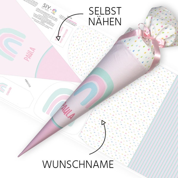 Schultüte zum Selbernähen | Schnittmuster auf Stoff | Regenbogen | rosa / mint | Wunschname + Rohling | 70 cm / 85 cm