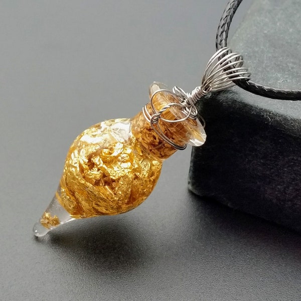 Floating Gold Amphora Vial Necklace, wrapped in Stainless Steel, 24 Karat Gold