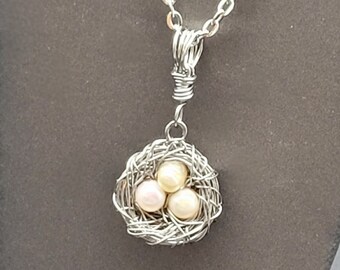 Customizable Bird Nest Necklace: Stainless Steel, Freshwater Pearl Eggs, Shellie V Jewelry