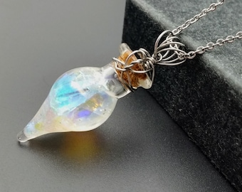 Phoenix Tears Necklace: Rainbow Aurora Vial, Stainless Steel Wrapped Potion Bottle, Shellie V Jewelry