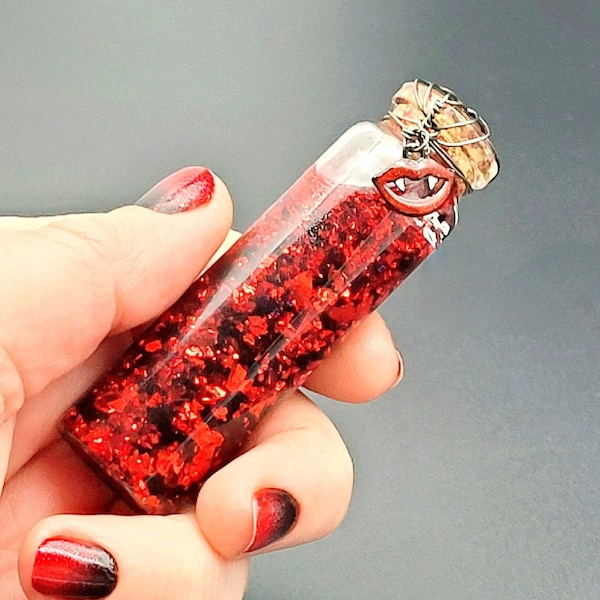 Palm size, Vampire Blood, True Blood inspired large "V"  Vial with Smiling Fang charm desk adornment, curiosity ornament, Sensory vial