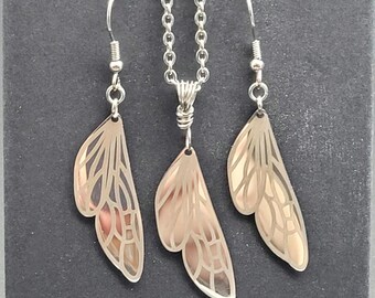 Stainless Steel Fairy Wing Jewelry Set: Etched Cicada Wing Necklace and Earrings