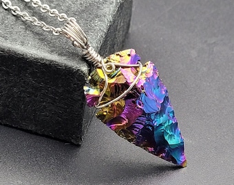 Angel Aura Obsidian Arrowhead Wrapped in Stainless Steel, Shellie V Jewelry