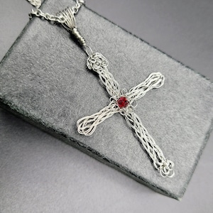 Cross Necklace tiny blood red crystal accent in stainless steel