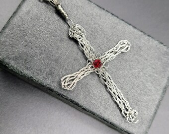 Cross Necklace with Tiny Blood Red Crystal Accent in stainless steel, Shellie V Jewelry