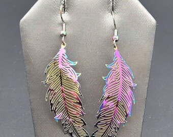 Long Valkyrie Feather French Hook Earrings in Stainless Steel, Shellie V Jewelry