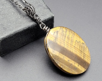 Large Tiger's EEye Pendant in Gunmetal Steel, Shellie V Jewelry