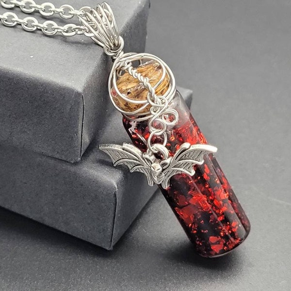 Kinetic "Vampire Blood" Floating Metalic flake Vial in Stainless Steel with optional charm Necklace