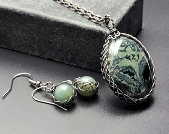 Faux Kambaba Jasper Set in Gunmetal Steel, Necklace and Earring Set, Shellie V Jewelry