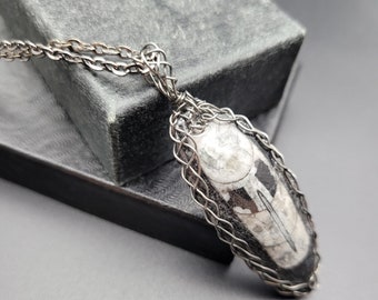 Skull Face, Orthoceras Fossil Necklace in Gunmetal Steel, Shellie V Jewelry