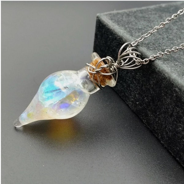 Phoenix Tears* Faux Floating Opal Amphora Vial Necklace, wrapped in Stainless Steel