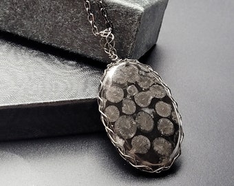 Fossilized Coral Necklace in Gunmetal Steel, Shellie V Jewelry
