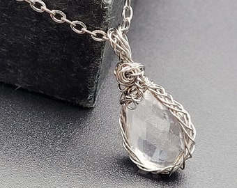 The Kahlan, Dainty Briolette Clear Quartz Pendant with Rose Accent, Shellie V Jewelry