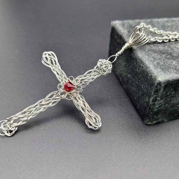 Cross Necklace tiny blood red crystal accent in stainless steel