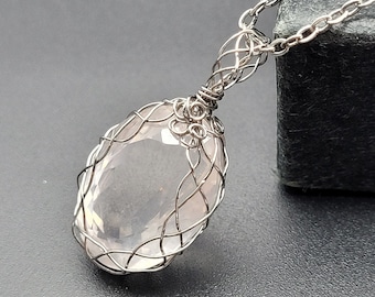 Lightest Pink Faceted Rose Quartz Stainless Steel Pendant, Shellie V Jewelry