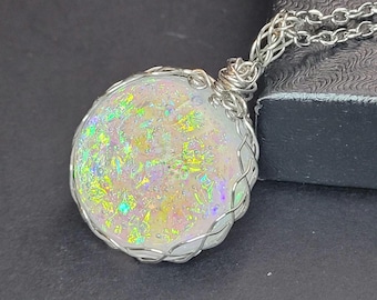 Handmade Resin Faux Opal Moon Pendant in Stainless steel, Shellie V Jewelry