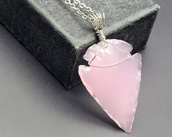 Cupids Arrow Pink Jadeite Arrowhead Pendant Wrapped in Stainless Steel, Shellie V Jewelry