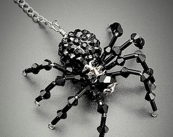 Black Crystal Beaded Spider Suncatcher, Christmas Spider ornament, Rearview Mirror Decoration, Shellie V Jewelry