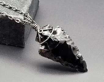 Obsidian Arrowhead Wrapped in Gunmetal Steel, Shellie V Jewelry