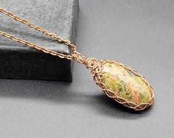 Long Oval Unakiite Pendant Set in Copper with rosette accent, Shellie V Jewelry