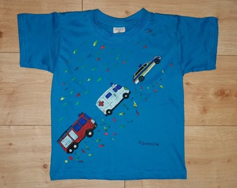 Kids-Shirt - Rettungsfahrzeuge- handgemalte Motive - gr. 86-164 - verschiedene Farben - individualisierbar - Unikat