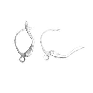 May include: Two silver-colored leverback earring findings. Each finding has a curved, hinged design with a small loop at the bottom for attaching a charm or bead. The leverback closure is visible on one side.