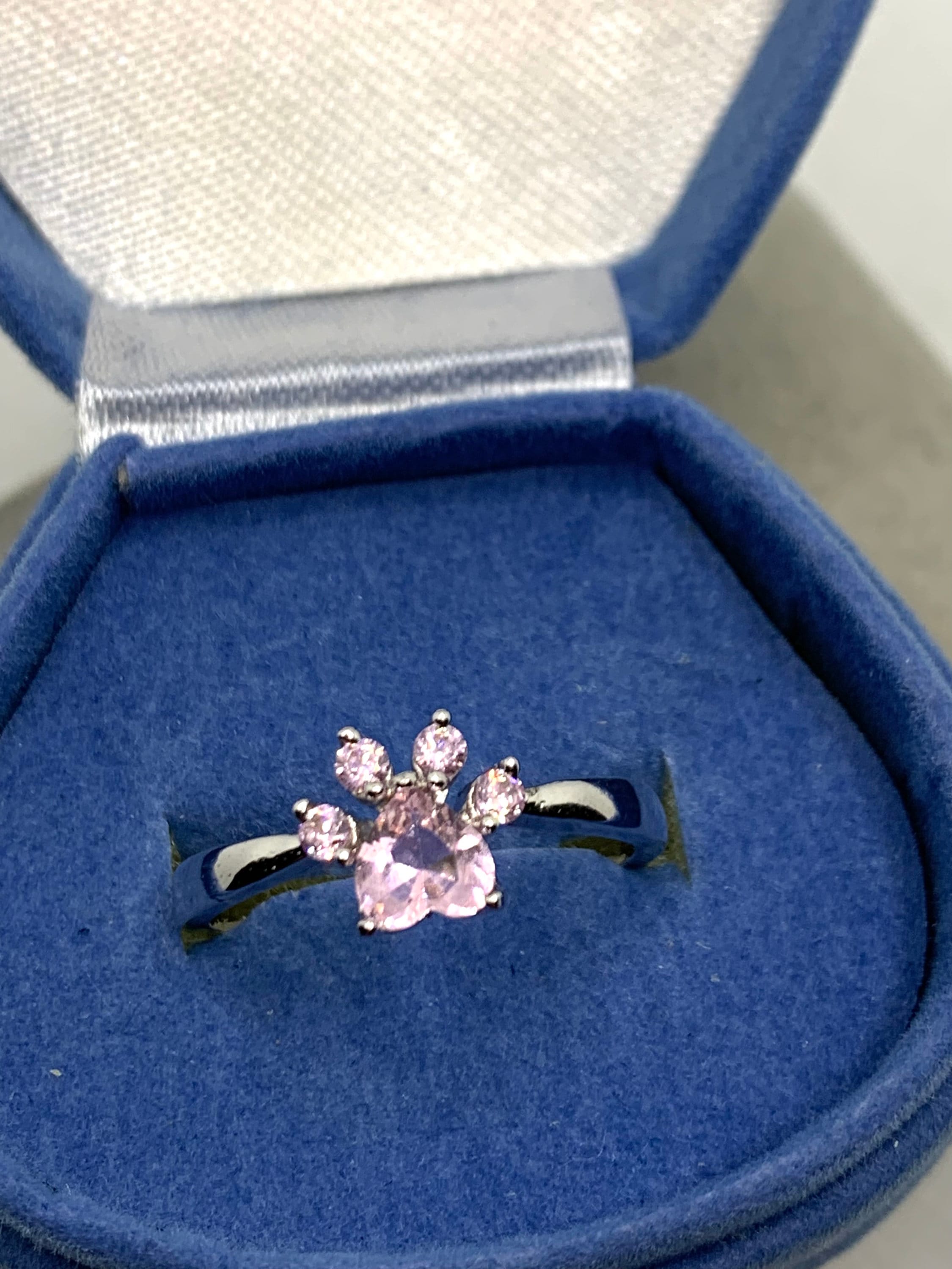 Cute Paw Ring Silver Colored with Paw Made of Rose Colored Stones Size Adjustable