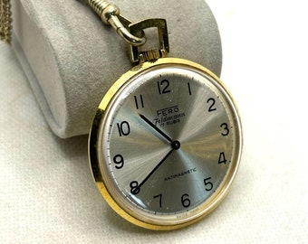 Reloj de bolsillo vintage Fero Feldmann, chapado en oro, cuerda manual, con cadena de reloj