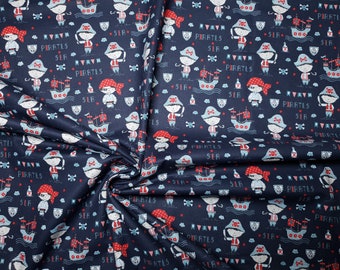 Cotton fabric "Jack" from Glünz. Color navy D267. Pirates, skulls, ships.